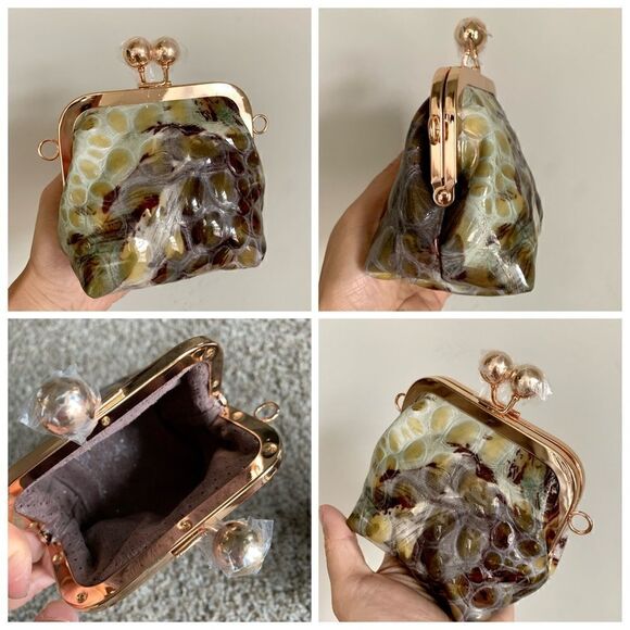 Unique Embossed Cowhide Handmade Double Kisslock Handbag, Includes Small Clutch - Picture 16 of 16